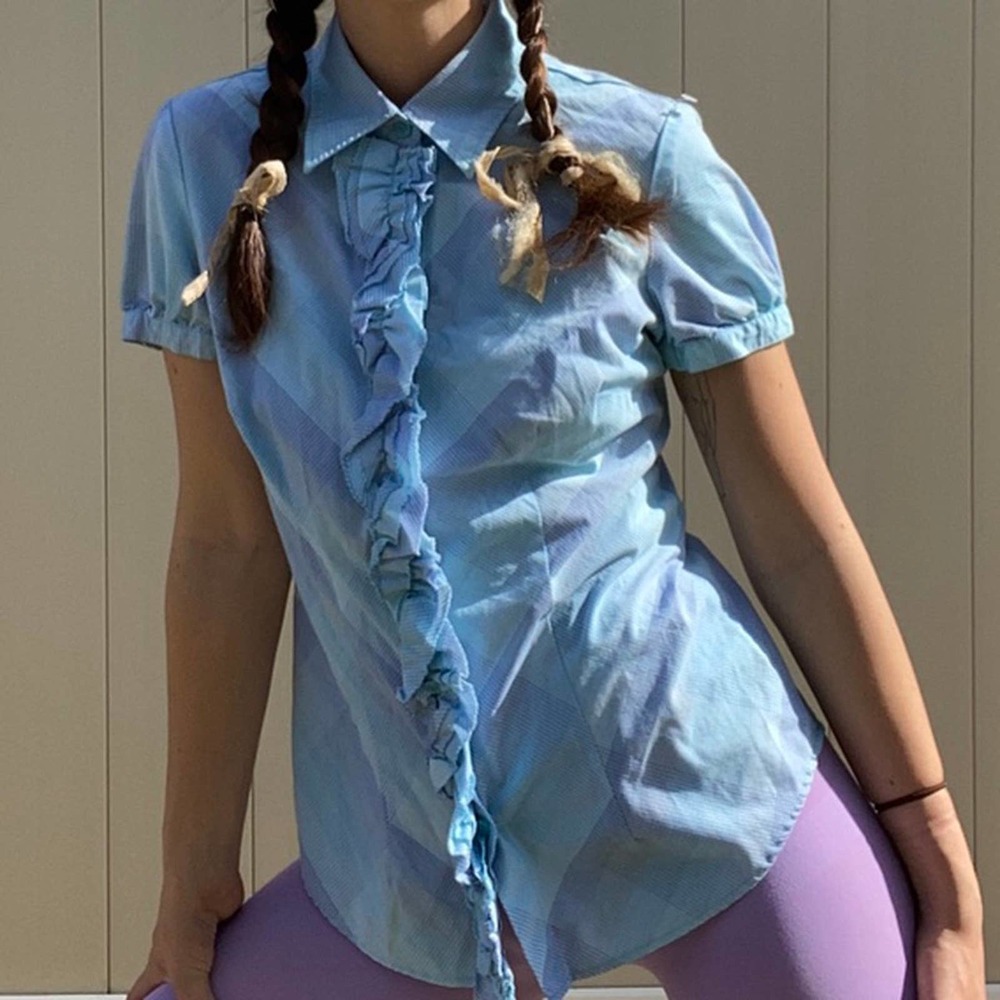 Teal ivoryand violet plaid ruffle blouse